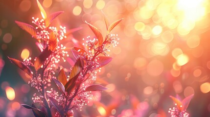 Poster - Blooming Red Leaves and White Flowers in Golden Sunlight