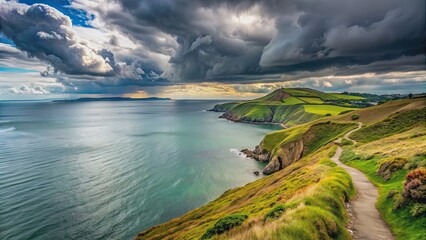 cloudy landscape of howth cliffs walk overlooking the ireland coastline and north sea, howth, cliffs