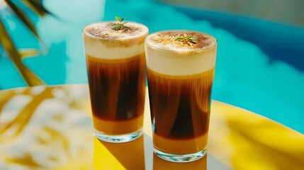 Refreshing Iced Coffee by the Pool: Two glasses of iced coffee with a creamy foam top and a sprig of mint, resting on a bright yellow table by the pool, inviting a moment of relaxation and refreshment