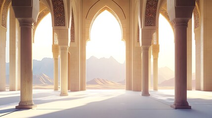 Ramadan Kareem background, with indoor mosque, miner, lantern and Arabic patterns.