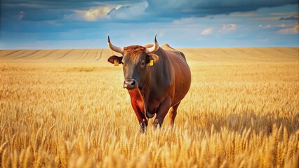 Bull walking through ripe wheat field, agriculture, livestock, summer, farm, animal, rural, countryside, mammal, nature, crop