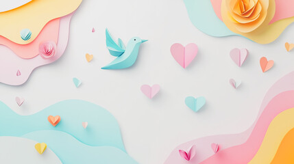 Abstract white background with pastel colorful 3D abstract background overlap layer on dark space with origami paper bird, rose, balloon and heart decoration. Modern graphic design element motion styl