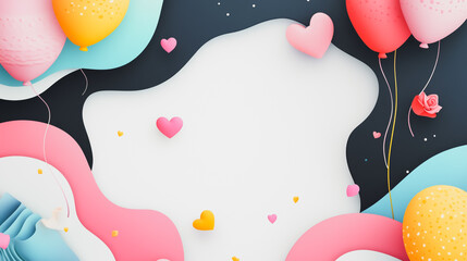 Canvas Print - Abstract white background with pastel colorful 3D abstract background overlap layer on dark space with  rose, balloon and heart decoration. Modern graphic design element motion styl