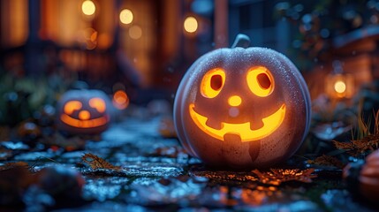 Sticker - Smiling Jack-o'-lantern on a Rainy Halloween Night