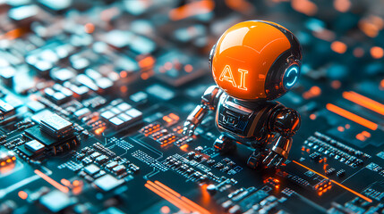 Poster - Close up view of a futuristic intelligence robot cyborg standing on a complex digital circuit board representing the of advanced technology and automation