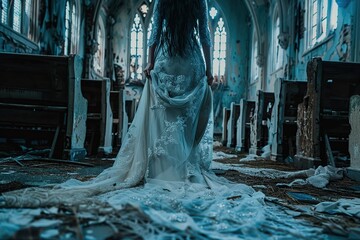 Wall Mural - Ghostly Bride in Abandoned Church