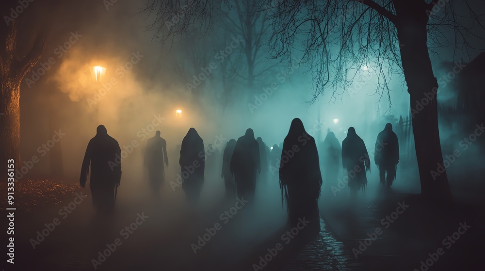 Mysterious figures shrouded in fog walk silently through a dimly lit ...