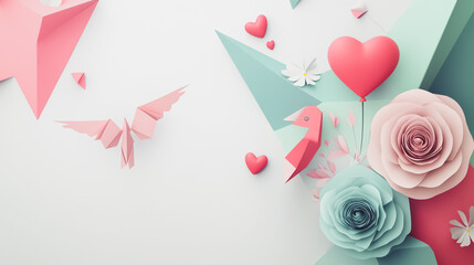 Abstract white background with pastel colorful 3D abstract background overlap layer on dark space with origami paper bird, rose, balloon and heart decoration. Modern graphic design element motion styl