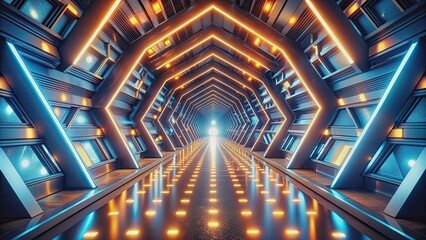 Wall Mural - Abstract architectural tunnel background with geometric shapes and glowing lights, tunnel, abstract, architecture