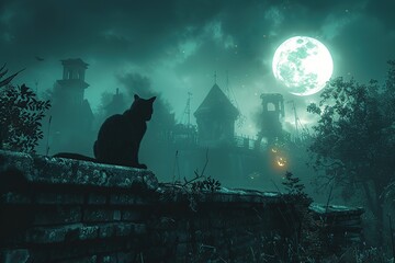 Wall Mural - Silhouetted Black Cat in Eerie Nightscape