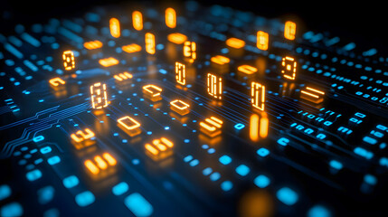 Poster - Futuristic neon lit digital landscape with abstract circuit board patterns representing the complex world of intelligence technology and computer engineering  A vibrant