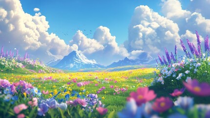 colorful spring landscape, anime-style flowers, fantasy field, digital painting, 3d illustration