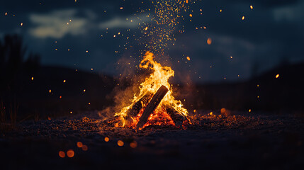 A campfire at night with sparks flying in the air, centered on the fire and flames