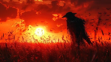 Poster - Raven Silhouette Against a Fiery Sunset