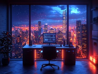 Wall Mural - A night time city view from a high tech and futuristic office window. 