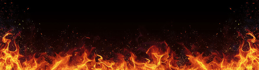 Fire flames effect on black background banner