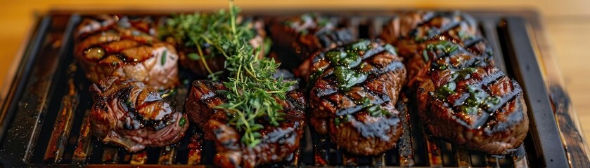 Wall Mural - Delicious grilled steak served on a wooden board, garnished with fresh herbs, perfect for a culinary feast.