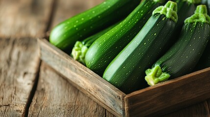 Close-up of a set of fresh zucchini fruits in varying shades of green, displayed on a rustic wooden table with soft natural lighting