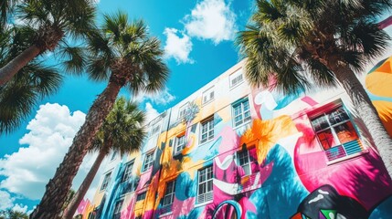 Colorful Graffiti Wall with Palm Trees in Miami