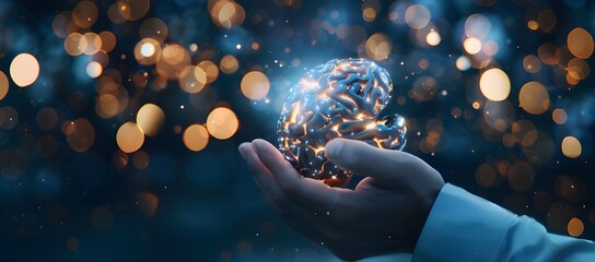 Poster - Businessman holding a glowing brain hologram in his hands on a dark blue background with bokeh lights, depicting the concept of artificial intelligence and technology for business ideas.