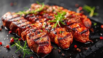 Wall Mural - Juicy grilled steak garnished with herbs and spices, perfect for a delicious meal or culinary presentation.