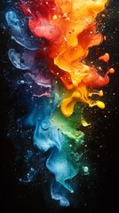 Wall Mural - A dynamic and vibrant abstract explosion of colorful paint splashes against a black background. 