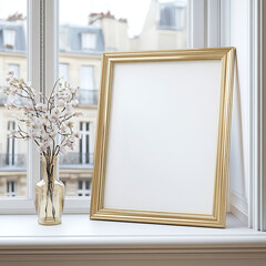 A mockup of an A4 blank gold frame on the windowsill