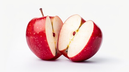 Wall Mural - Crisp red apples halved and sliced, showing the juicy interior and seeds, isolated on a pure white background with bright lighting