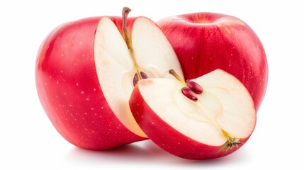 Wall Mural - Crisp red apples halved and sliced, showing the juicy interior and seeds, isolated on a pure white background with bright lighting