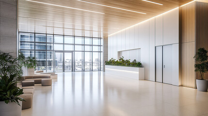 Modern office lobby interior, with white walls and a wood grain ceiling and light grey floor tiles