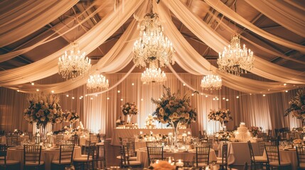 A beautifully decorated wedding reception features chandeliers, floral centerpieces, and an inviting ambiance for guests