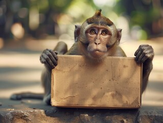 Sticker - A monkey holding a cardboard box. AI.