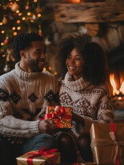 Wall Mural - A couple smiles and exchanges gifts by a fireplace. AI.