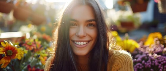 Poster - A woman smiles brightly with flowers in the background. AI.