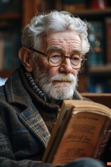 Canvas Print - An elderly man reads a book. AI.