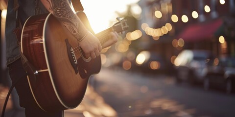 Sticker - A person plays an acoustic guitar in the street, lights shining in the background. AI.