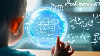 Aufkleber - A child gazes intently at a shimmering holographic sphere hovering in the air, reaching out with curiosity in a well-lit indoor space.