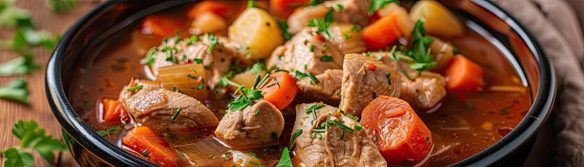 delicious stew with tender meat, fresh vegetables, and herbs, perfect for a comforting meal any time