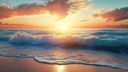 Wall Mural - Beautiful seascape with waves and sunset on the beach