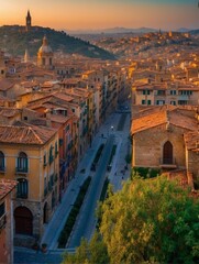 Wall Mural - A scenic view of a city with colorful buildings and a winding road. AI.