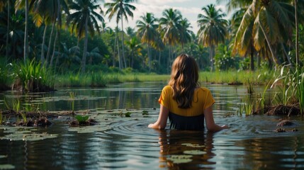 Wall Mural - A woman sitting in a lake surrounded by palm trees. AI.