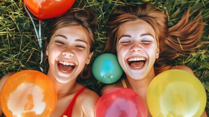 Canvas Print - Two friends laughing together while lying in the grass. AI.