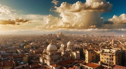 Canvas Print - Cityscape with a cloudy sky. AI.