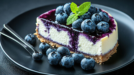 A slice of blueberry cheesecake with fresh berries on the side close-up