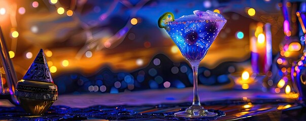 A vibrant blue cocktail garnished with lime, set against a colorful backdrop of lights and reflections, perfect for nightlife.