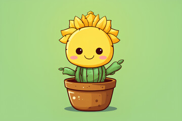 A cute poster cactus wearing a tiny hat, holding a sunflower, cartoon style, anime art, t-shirt design, logo