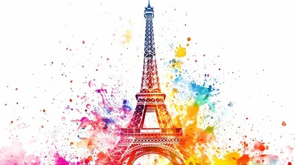 Wall Mural - Eiffel tower with colorful paint splash art illustration