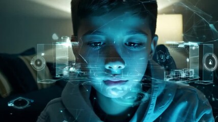 Aufkleber - A boy is immersed in a virtual reality experience, gazing intently at holographic visuals glowing in a dimly lit room.