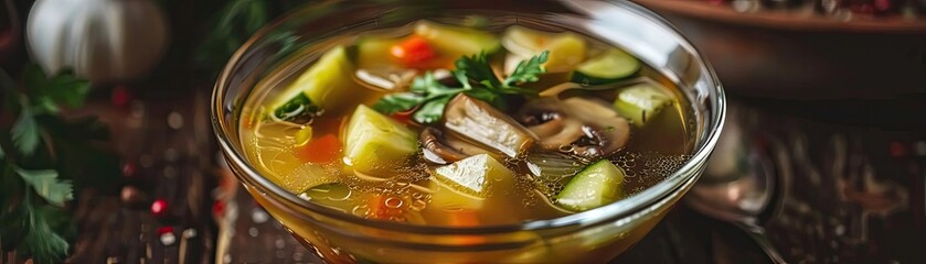 Wall Mural - A delicious bowl of vegetable soup filled with fresh ingredients, perfect for a comforting meal or healthy dish.