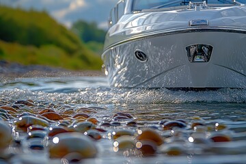 Wall Mural - Luxury Boat Leaving a Trail of Bubbles on Water with Smooth Pebbles in the Foreground